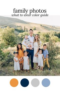 a family posing for a photo with the color guide in front of them and an image of