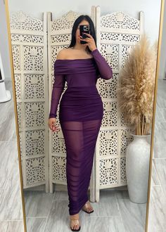 Mesh Off Shoulder Midi Dress Polyester 95% Spandex 5% Stretch Sheath Maxi Evening Dress, Stretch Sheath Maxi Dress For Evening, Stretch Sheath Maxi Dress, Sheer Fitted Off-shoulder Dress, Purple Stretch Maxi Dress For Party, Sheer Bodycon Evening Dresses, Sheer Fitted Long Dress, Sheath Stretch Ruched Maxi Dress, Stretch Ruched Sheath Maxi Dress