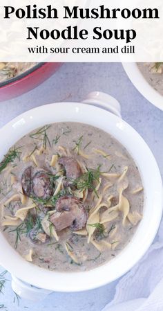 a bowl of mushroom noodle soup with sour cream and dill on the side