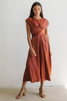 Rosalind Midi Dress in Rust | böhme Coral Midi Dress, Mother Of The Groom Dress, Apricot Color, Maxi Outfits, Wedding Tables, Denim Accessories, Dresses By Length, Loungewear Sets, Groom Dress