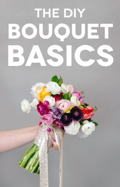 the diy bouquet basics book cover is shown with flowers and ribbons on it