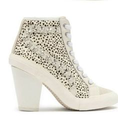 Edgy Star Studs Trim The Snakeskin Embossed Upper Of This Runway-Ready Bootie That's Elevated By A Comfortable Block Heel. 2" Heel 5" Shaft Height; 10" Opening Circumference Side Zip Closure Lace-Up Vamp Round Toe With Bumper Block Heel Leather And Suede Upper/Synthetic Lining And Sole Imported Box And Dust Bag Included Ref. S-1 White High-top Suede Boots, White Round Toe Heels With Textured Sole, Chic White Heels With Rubber Sole, Chic White High-top Heels, White High-top Heels With Reinforced Heel, Vintage Havana Shoes, Havana Shoes, Vintage Havana, Star Studs