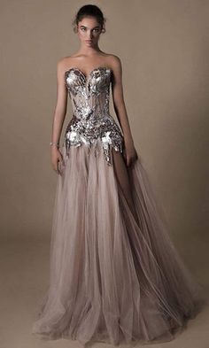 Tarik Ediz Dresses, Silver Evening Dress, Tulle Embroidery, Tarik Ediz, Fantasy Dresses, Fantasy Gowns, Evening Dress Fashion, Tulle Gown, Fantasy Dress