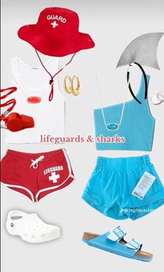 the lifeguards and sharks swimsuit is shown with sandals, an umbrella and other items