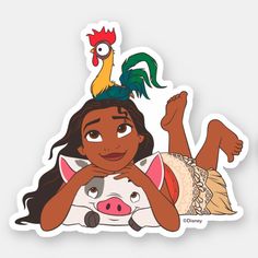 the princess and the frog sticker is laying on top of her head, with a rooster