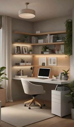 a home office with white furniture and plants