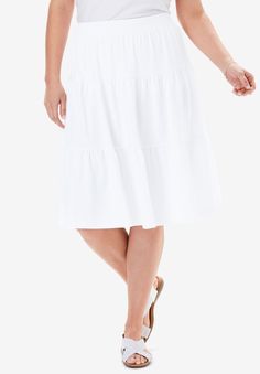 Jersey Knit Tiered Skirt | Plus SizeSkirts | Fullbeauty Stretch Skirt With Banded Waist, Relaxed Fit Lined Tiered Skirt, Casual Stretch Full Skirt Bottoms, Solid Color Flowy Skirt With Banded Waist, Casual Skirt With Elastic Waistband For Vacation, Casual Flared Skirt With Wide Waistband, Casual Vacation Skirt With Elastic Waistband, Stretch Maxi Skirt With Elastic Waistband, Casual Ruffled Full Skirt Bottoms