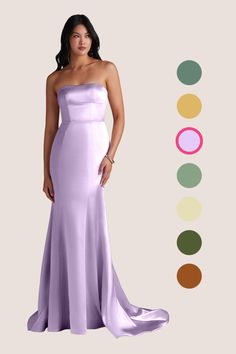 a woman in a strapless dress standing next to color swatches with her hands on her hips