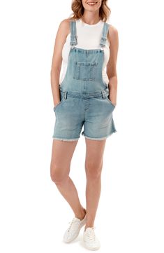 Hints of distressing give down-home character to these laid-back shortalls that'll have you looking cute and comfy throughout the trimesters. 32 1/2" inseam Adjustable buckle straps; side button closures 99% cotton, 1% elastane Machine wash, dry flat Imported Casual Cotton Cutoff Overalls, Casual Distressed Shortalls, Casual Medium Wash Distressed Shortalls, Casual Cotton Cutoff Shortalls, Casual Distressed Shortalls Overalls, Medium Wash Distressed Shortalls, Pale Blue, Nom Nom, Austin