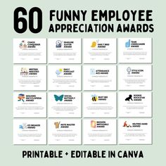 the 50 funny employee appreciation awards are on display in front of a light green background