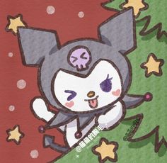 a drawing of a cat with stars on it's head and eyes, in front of a christmas tree