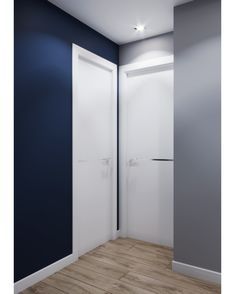 an empty room with two white doors and wood flooring in front of a blue wall