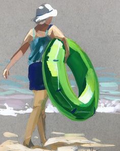 a painting of a woman walking on the beach with a life preserver in her hand