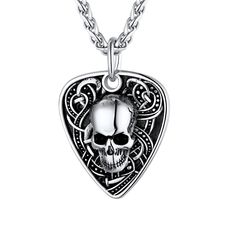 PRICES MAY VARY. 🎸 💀 Creative Guitar Pick Pendant with Skull, rock and punk jewelry for men and women. Necklace Material : surgical Stainless Steel made, robust, easy to maintain and lasting color, lead free, nickel free, hypoallergenic ! polished finish rope chain and textured pendant front. Dimension : Guitar Pick measures 1.45" x 1" /35 x 26mm, 6mm thick ; Chain width 3mm, length 22"+2 inches extension link. Necklace weight 27 grams. Punk Rock Necklace for dad, husband, biker, boyfriend on Punk Necklaces For Halloween Concert, Punk Style Necklaces For Halloween Concert, Punk Style Jewelry For Halloween Concert, Punk Style Metal Necklace With Skull Print, Punk Metal Necklace With Skull Print, Metal Jewelry For Halloween Concert, Halloween Concert Metal Jewelry, Grunge Style Jewelry With Adjustable Chain For Concerts, Adjustable Necklaces For Halloween Concert