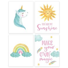 four cards with unicorns and rainbows on them, one says you are my sunshine the other says make your own magic