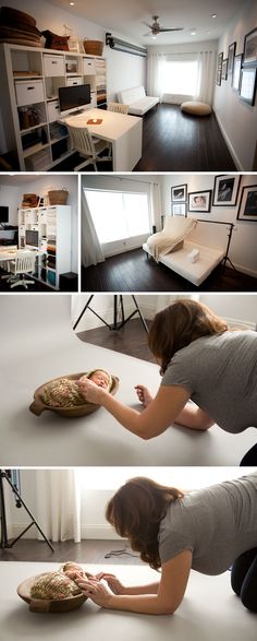 there is a woman laying on the floor in front of a bed and another photo