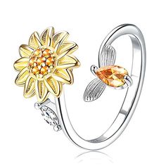 SUNFLOWER and BEEANXIETY Ring - Boogzel Clothing Aesthetic Honey, Bee Sunflower, Flower Spinner, Sunflower Ring, Parts Of A Flower, Spinning Rings, Daisy Ring, Fidget Rings, Stylish Rings