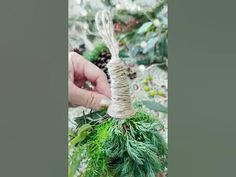 someone is holding a piece of christmas greenery with twine around it and string