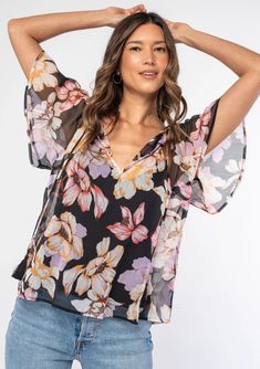 Women's Top - Floral Chiffon Floral Top | LOVESTITCH Boho Tassels, Floral Chiffon Top, Bohemian Top, Purple Floral Print, Chiffon Shorts, Chiffon Floral, Floral Print Chiffon, Tie Shorts, Bohemian Tops