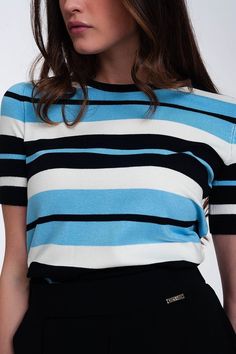 Vault into the warmer weather in this short-sleeved, round neck striped sweater with click buttons in the back. Also available in green.The fabric is soft, stretchy, and silky because it’s made from 80% Polyamide and 20% Elastane.In addition to being perfect for spring, the thin knit tucks easily into high-waisted pants and jeans so you can accentuate the design on the waistband. The model is 5’8” with measurements of 33-24-35 and is wearing a size small. The fit runs true to size. Blue Crew, Casual Sweaters, Casual Fits, Alternative Fashion, Stripes Design, High Waisted Pants, Neck Sweater, Fitness Fashion, Jumper