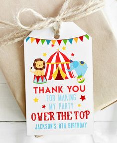 a circus themed birthday party thank you tag