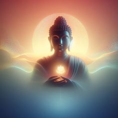 a buddha statue sitting in the middle of a body of water with light coming from it