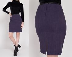 Vintage 90s high waisted purple mini pencil skirt, with faux black leather trim at the waistline. Measurements and Condition:    Fits like: Women's small Fabric: Feels like a polyester blend with faux leather trim Brand: Unknown, the tag was cut out by a previous owner Condition: Very good, with a couple tiny snags on the lower back.   Length: 20.25" Waist: 26" Hips: 36" - taken at the bottom of the zipper opening Shown on a 5'9" model with measurements of 33"-24"-37", usually wears size XS to s Purple Pencil Skirt For Work, Fitted High Waist Purple Mini Skirt, Chic Purple Skirt For Workwear, Purple Fitted High Waist Mini Skirt, Fitted Purple Mini Skirt For Fall, Fitted Purple Pencil Skirt, Purple Fitted Pencil Skirt, Purple Fitted Pencil Skirt For Spring, Fitted Purple Pencil Skirt For Spring