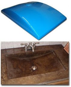 two different views of a bathroom sink and the same one has a blue cover over it