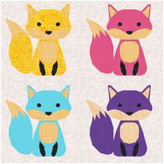 four different types of foxes are shown in the same color and pattern, each with an animal's face