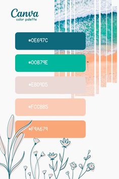 an image of the beach with flowers on it and text that reads canva color palette