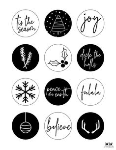 six black and white christmas stickers with the words joy to the season, peace for each