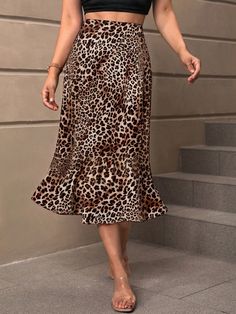 Women Elegant Minimalist Leopard Print Fishtail Hem Skirt Leopard Costume Fall Clothes Mermaid Skirt Business Casual Woman Multicolor Casual   Woven Fabric Textured Pattern A Line,Straight,Slit Non-Stretch  Women Clothing, size features are:Bust: ,Length: ,Sleeve Length: