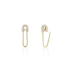 Solid X Pave Safety Pin Earring - essentialsjewels.com Safety Pin Design, Safety Pin Earring, Fine Gold Necklace, Petite Earrings, Pin Earrings, Safety Pin Earrings, Pin Design, Stocking Fillers For Her, Statement Earring