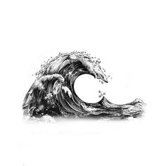 an ink drawing of a wave in black and white with water splashing on it