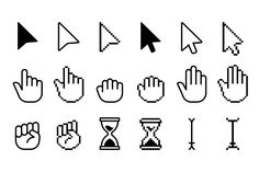 pixelated hand cursive icon set in black and white with an arrow pointing to the left