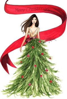 a drawing of a woman in a christmas dress with a red ribbon around her neck