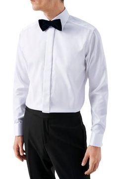 A diamond-dobby texture elevates the sophistication of this meticulously tailored tuxedo shirt cleanly crafted with a hidden button placket and French cuffs. 30 1/2" length; 43" chest (size 16.5) Hidden button placket Spread collar with permanent collar stays Long sleeves with French cuffs Back yoke Curved hem 100% cotton Machine wash, line dry Imported Men's Furnishings Tux Shirt, Formal Shirt Dress, Tuxedo Shirt, Diamond Weave, French Cuff, Collar Stays, Tuxedo Shirts, Woven Texture, Cut Shirts