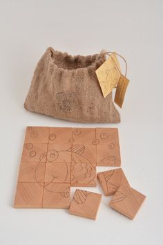 a bag and some wooden blocks with drawings on them next to the pieces in which they are placed