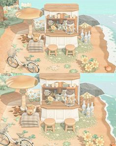 an illustrated image of a beach side restaurant with bikes parked on the sand and flowers in front of it