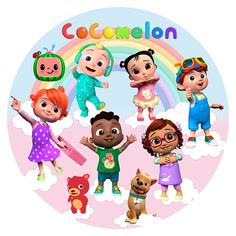 a group of children standing in front of a rainbow with the words cocomelon above them