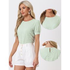 Made of lightweight woven, this versatile top is a summer staple that can be styled with just about anything and it suits many occasions. With a regular silhouette, this cute summer staple gingham top features a crew neck, puff short sleeves, buttoned cuffs, and a slightly boxy shape. Short puff sleeves and a keyhole enhance the casual style of this sweet plaid blouse. Plaid Summer Tops For Day Out, Plaid Tops For Summer Day Out, Summer Plaid Tops For Day Out, Summer Gingham Top For Day Out, Green Puff Sleeve Summer Top, Summer Plaid Blouse For Picnic, Summer Plaid Blouse For Day Out, Chic Plaid Tops For Beach, Casual Gingham Tops For Beach