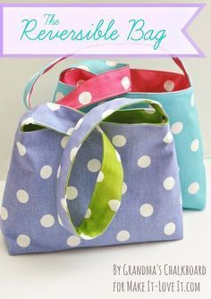 two purses with polka dots on them, one is blue and the other is pink