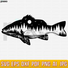 a large fish with trees on it's back and the words svves dxf