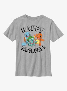 60% Cotton  40% PolyesterWash cold; dry lowImportedListed in youth sizes Pokemon Happy Birthday, Squirtle And Bulbasaur, Pokemon Clothes, Character Graphic, Boys Graphic Tee, New Pokemon, Graphic Tee Design, Boy Tees, Tee Design