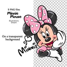 minnie mouse cartoon character with pink and white polka dots on her head, transparent background