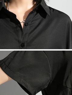 قميص أصلي فضفاض بلون سادة وأكمام قصيرة Versatile Solid Color Collared Shirt, Versatile Collared Shirt, Plain Summer Office Tops, Black Plain Shirt For Spring, Summer Workwear Plain Blouse, Solid Color Half Sleeve Office Top, Black Half Sleeve Shirt For Workwear, Black Half Sleeve Shirt For Work, Office Half Sleeve Tops