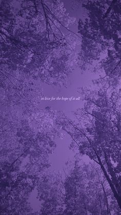 the sky is purple and there are trees in the foreground with an inspirational quote on it