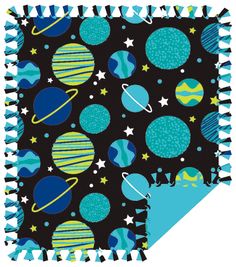 a black blanket with blue and yellow planets, stars and saturns on the background