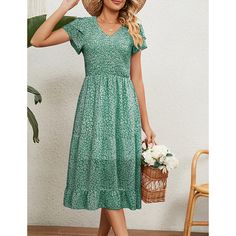 Green V Neck Pleated Chiffon Floral Dress Summer Green Floral Print Chiffon Dress, Green Bohemian Floral Print Chiffon Dress, Green Bohemian Chiffon Dress For Spring, Green Bohemian Chiffon Dress With Floral Print, Flowy Casual Chiffon Dress For Spring, Green Chiffon Dress For Spring, Flowy Chiffon Dress For Spring, Summer Green Knee-length Chiffon Dress, Green Knee-length Chiffon Summer Dress