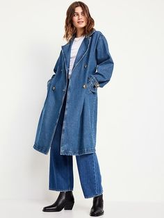 Tie-Belt Jean Trench Coat | Old Navy Long Blue Jacket Outfit, Denim Trench Coat Outfit, Conference Outfit, Jean Trench Coat, Long Denim Jacket, Trench Coat Outfit, Denim Trench Coat, Blue Trench Coat, Fit Models